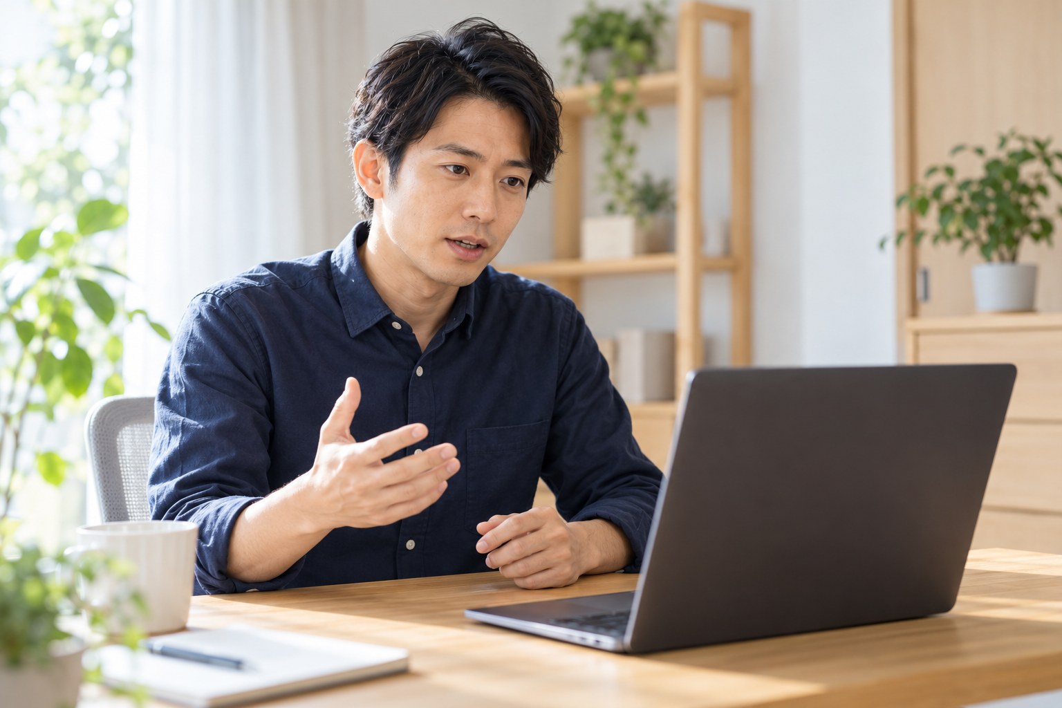 昼の自宅で、オンライン面接でチームの定例や雑談の場について質問する会社員