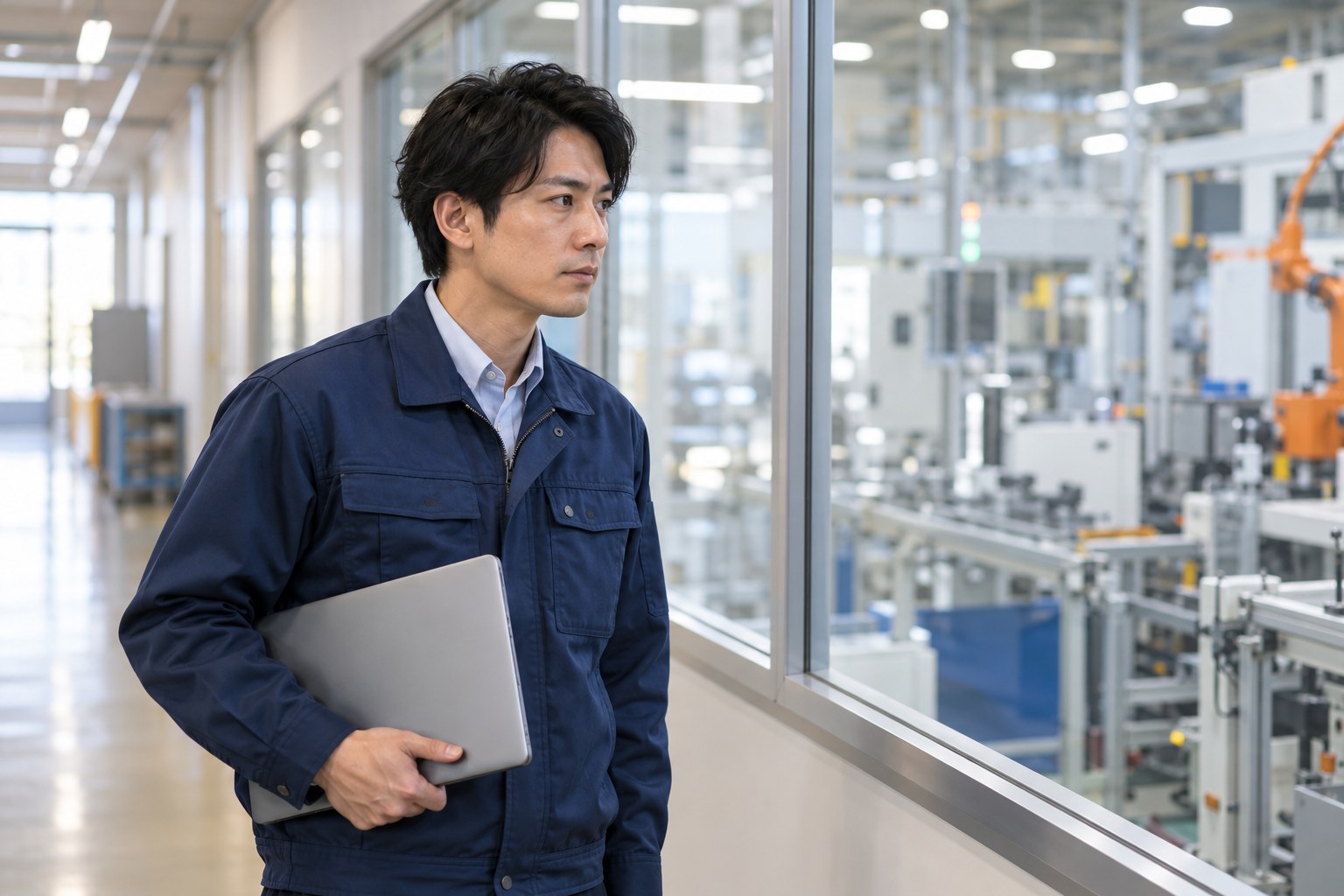 午前の工場で、ノートパソコンを抱えて製造設備を見る製造業のエンジニア
