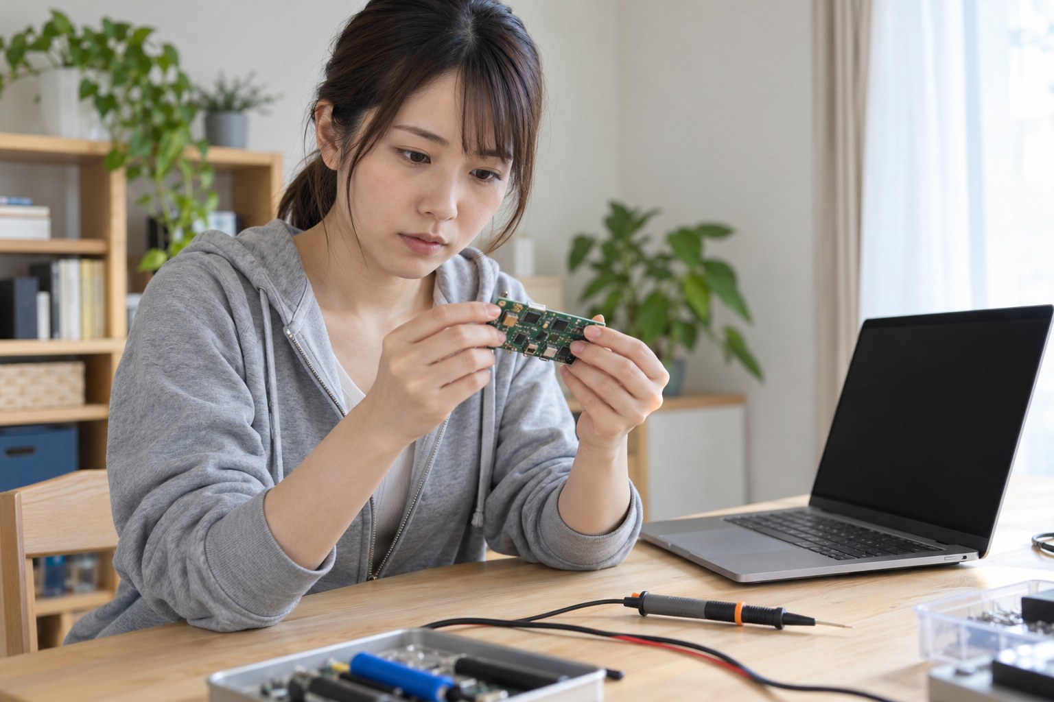 昼の自宅の机で、ノートパソコンの横で電子基板を手に取るエンジニア