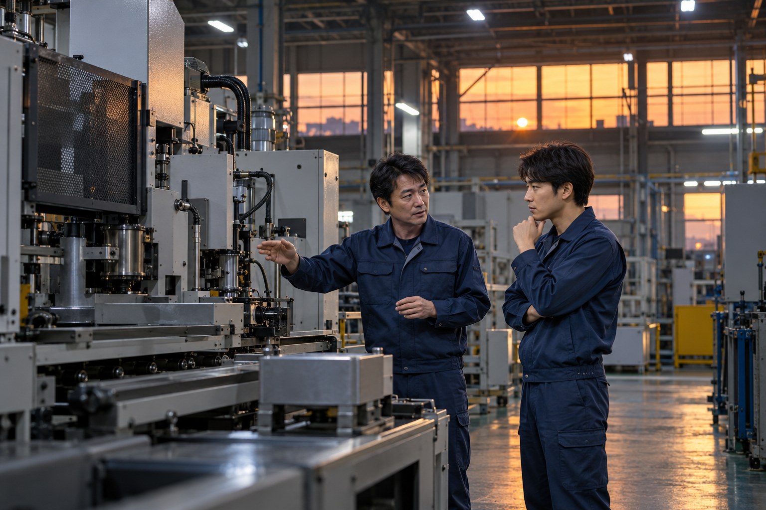 夕方の工場で、機械の前で点検の手順を話し合う作業着のエンジニア2人