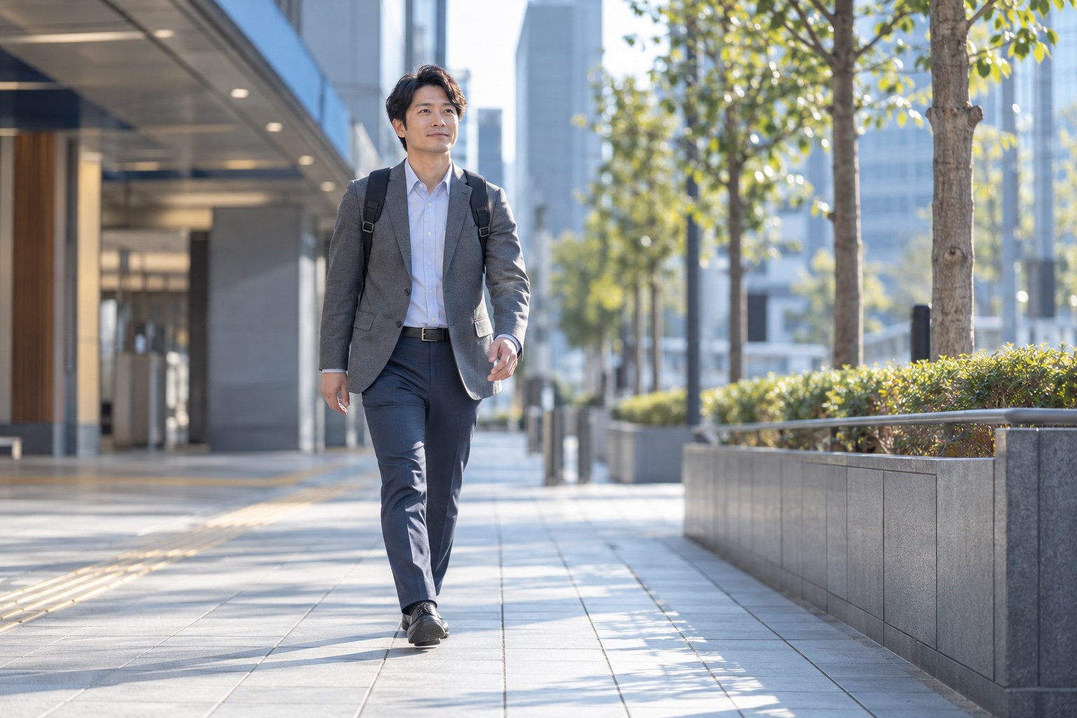 朝の駅前の歩道を、リュックを背負ってオフィス街へ歩く会社員の全身