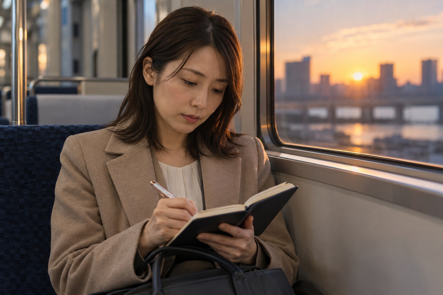 夕方の電車の車内で、手帳に通勤の時間と交通費を書き込む会社員