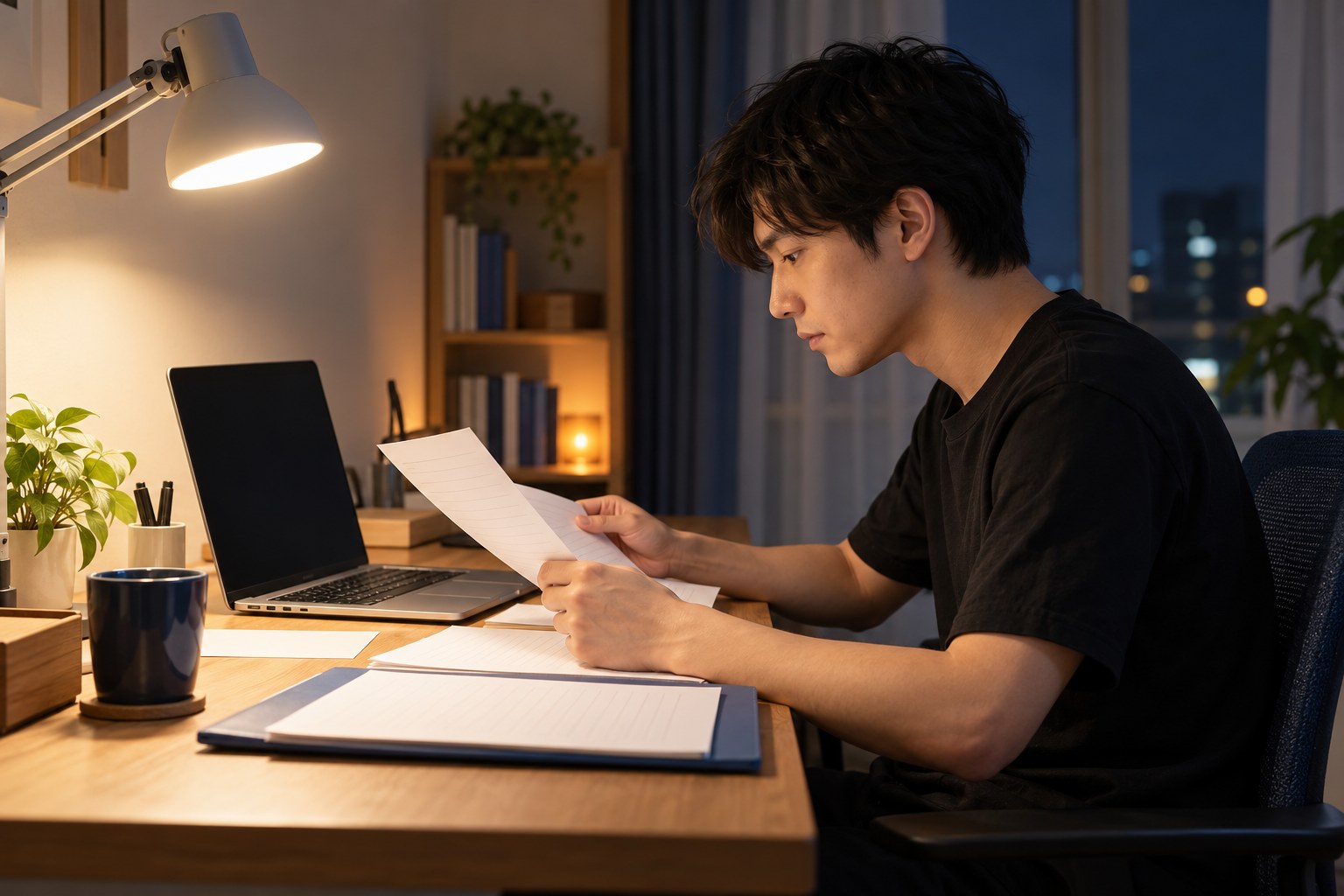 夜の自宅の書斎で、ノートパソコンに向かって応募書類を整えるエンジニアの横顔