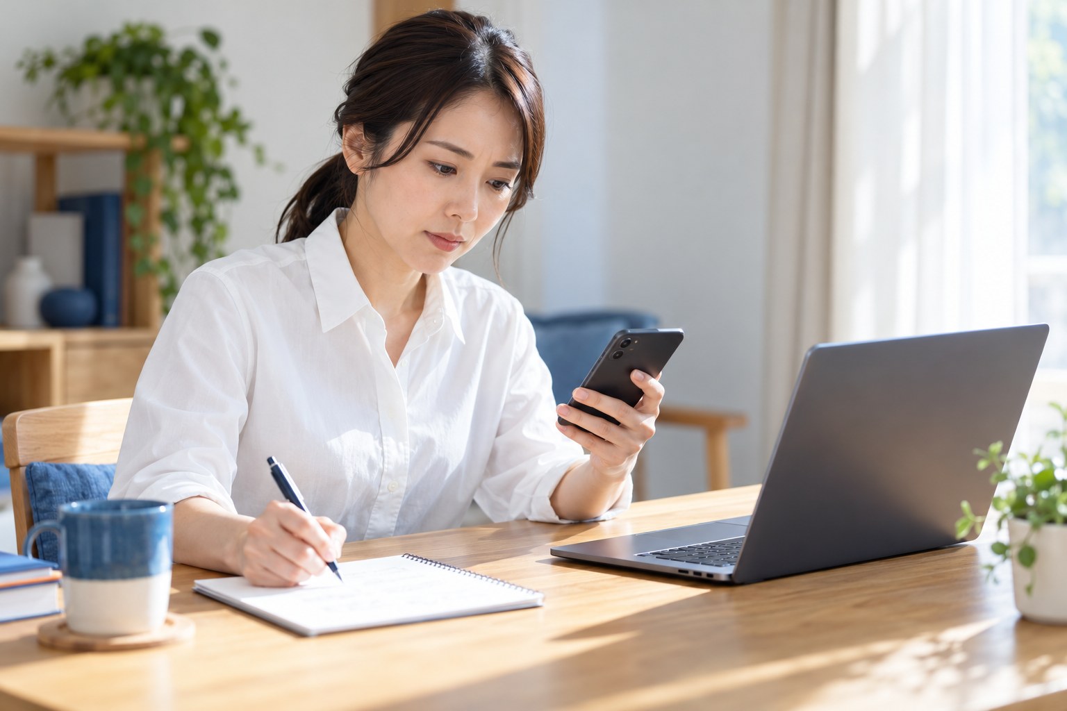 午前の自宅で、パスワードの手順をメモに書き出しながら設定を見直すエンジニア