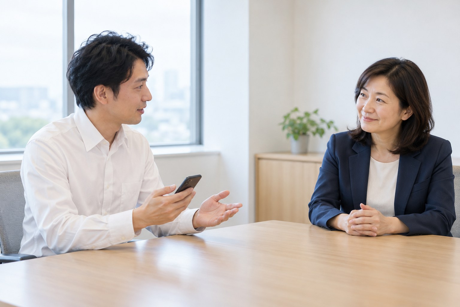 午前の面談室で、面談の初めに録音の了承を求める内定者とうなずく採用担当者