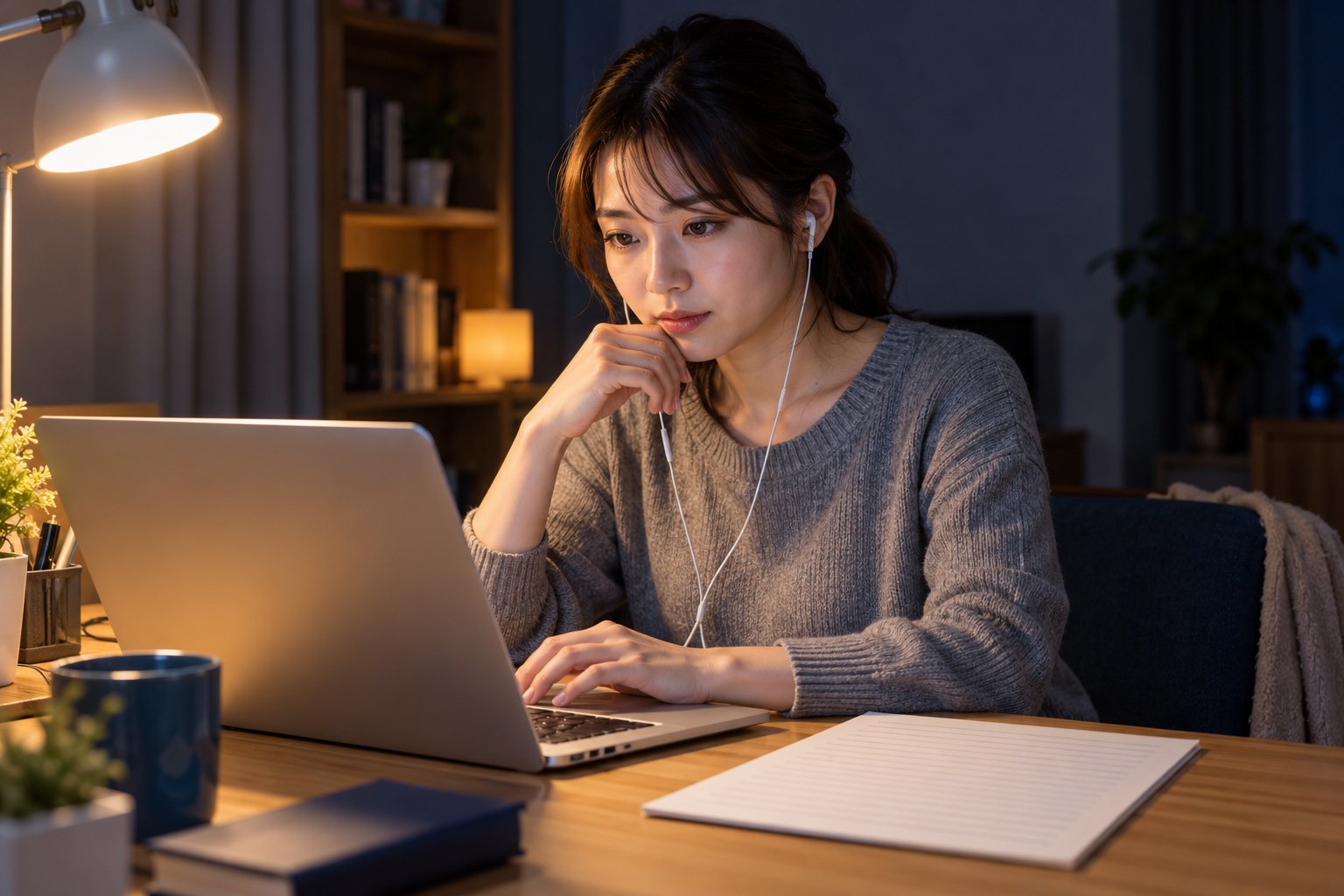 夜の自宅で、録音を聞き返しながら書面を頼むメールを書く内定者