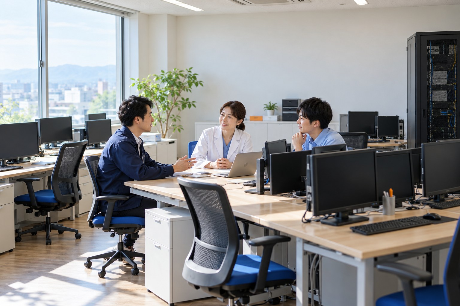午前の病院の医療情報部門の部屋で、端末の並ぶ部屋で打ち合わせる医療ITのエンジニアと職員