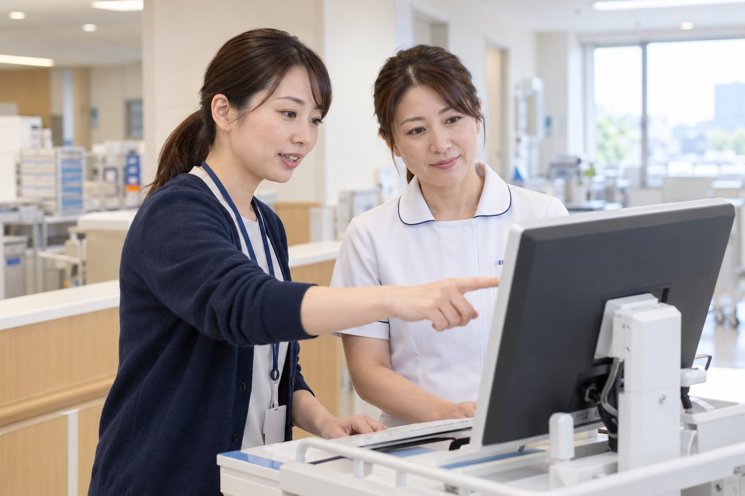 午後の病院で、看護師に電子カルテの端末の操作を説明する医療ITのエンジニア