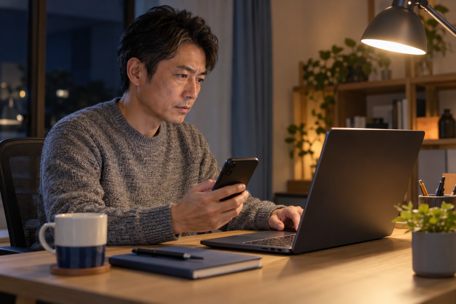 夜の自宅で、保守の接続の前にスマートフォンで本人確認をするエンジニア