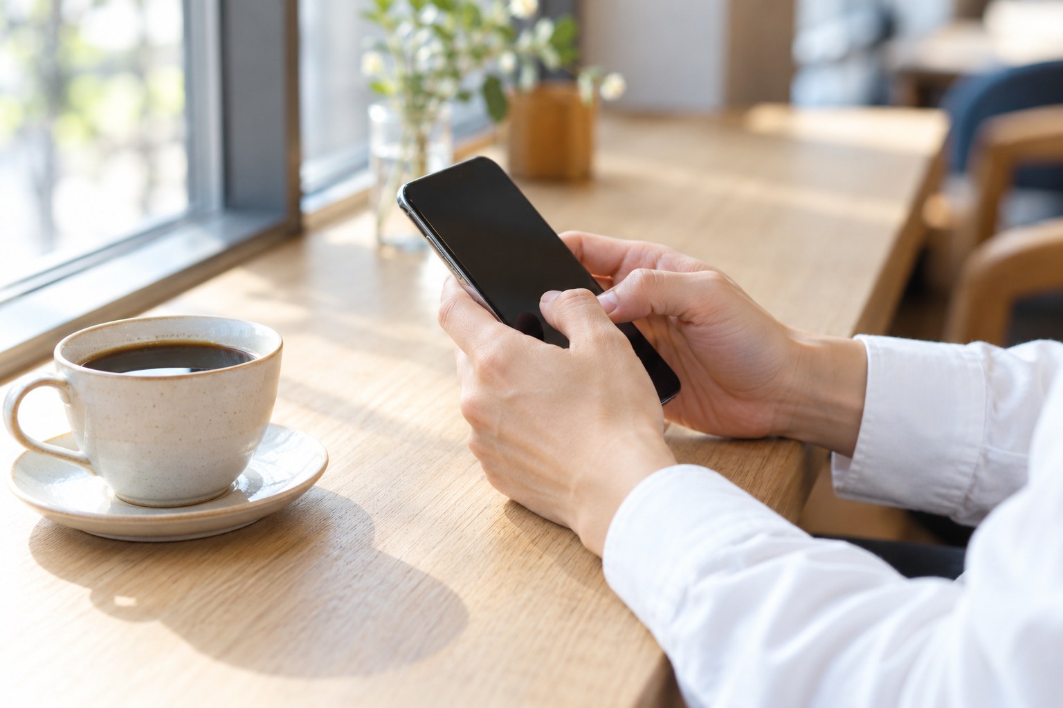 午前のカフェで、スマートフォンでメッセージを打つ両手とコーヒーのカップ