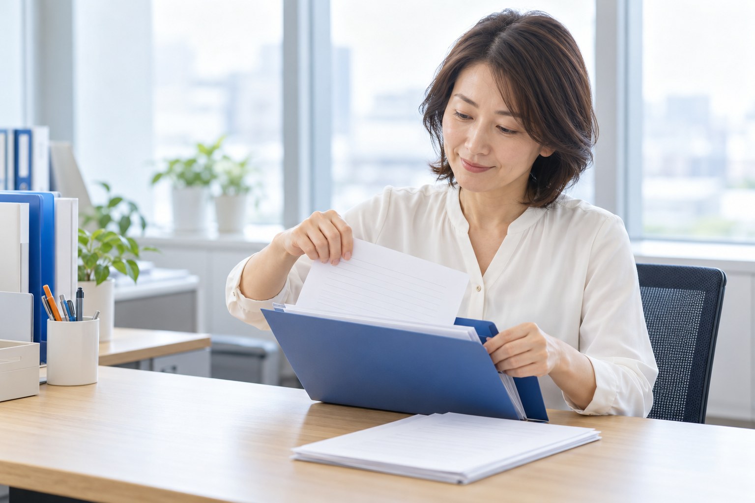 午後の会社で、応募書類をファイルにしまう採用担当者