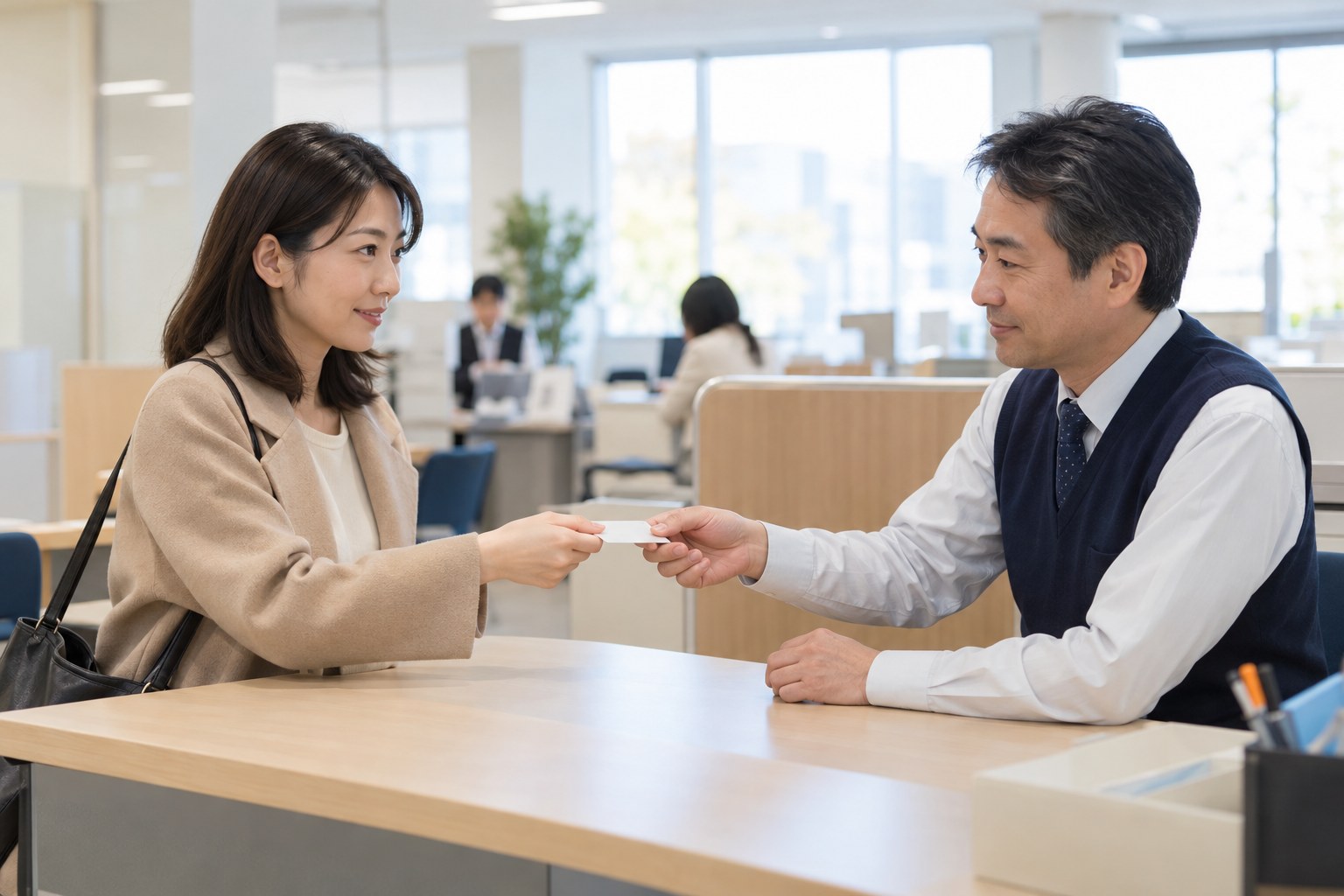 午前のハローワークの窓口で、本人確認のカードを出して相談する来所者
