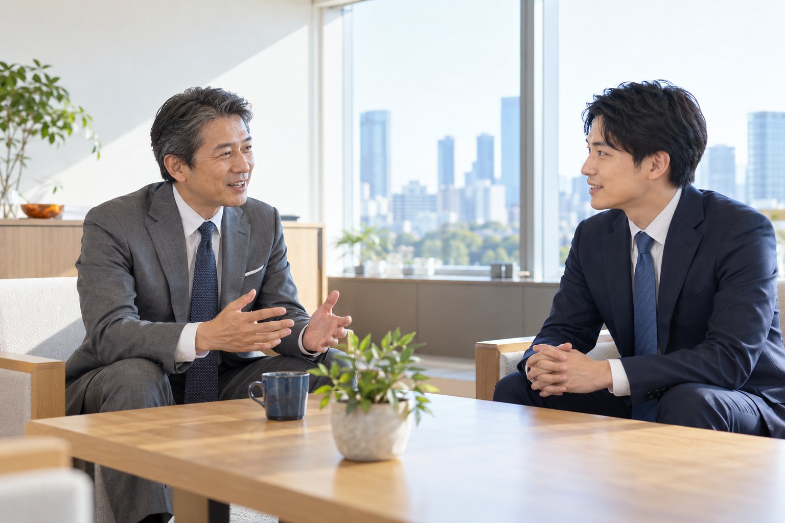 午前の社長室の応接スペースで、社長と応募者が向かい合って話す社長面接