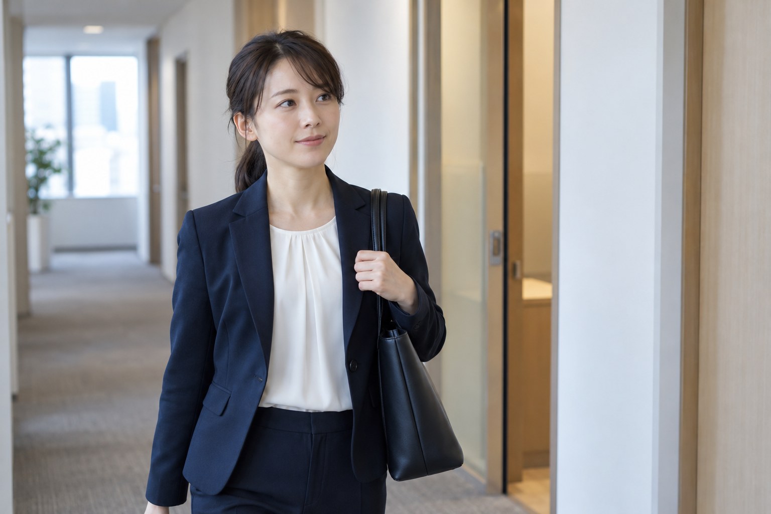 午後の会社の廊下で、面接を終えて出口へ向かう応募者