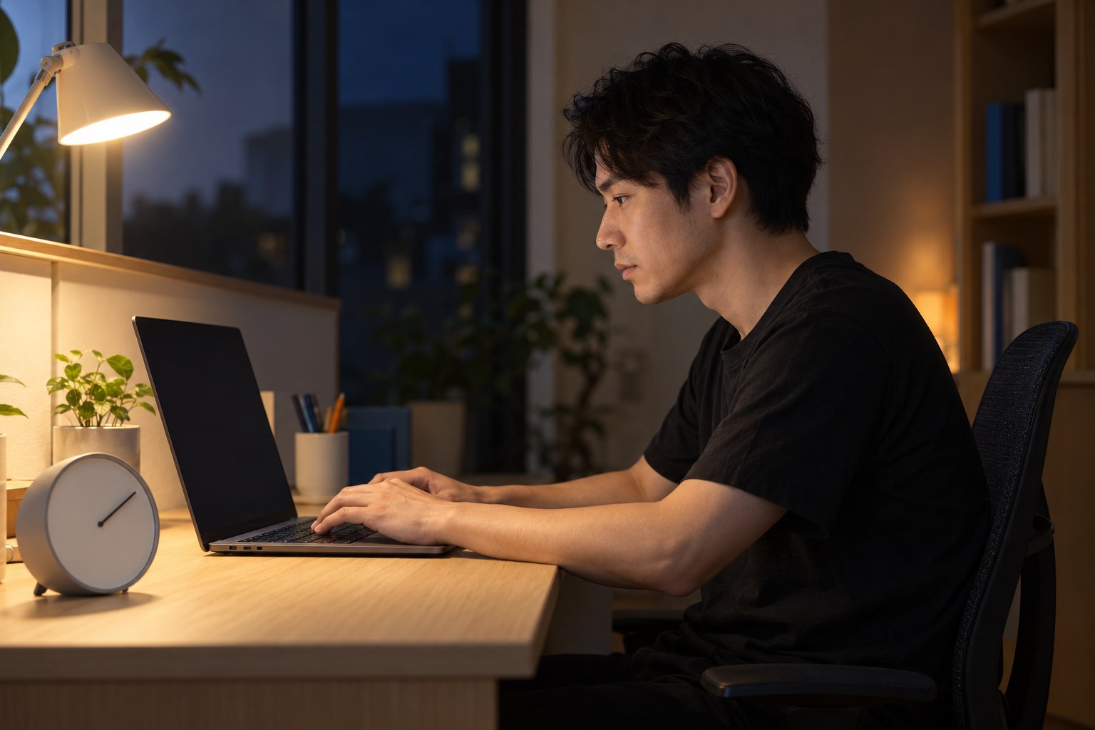夜の自宅の書斎で、ノートパソコンに向かう在宅勤務のエンジニアの横顔と数字の無い時計