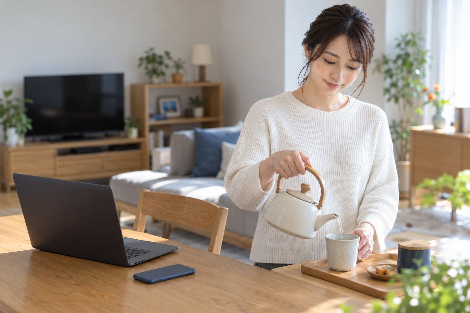 昼の自宅で、スマートフォンを伏せてパソコンの前を離れお茶を淹れる在宅勤務の会社員