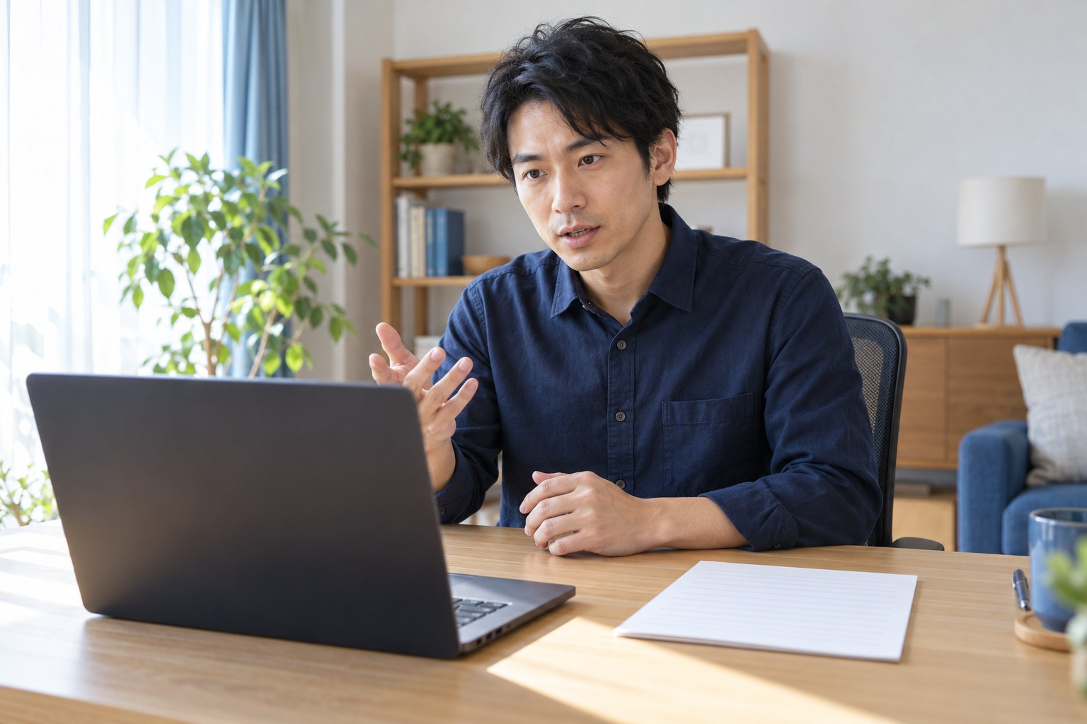 午前の自宅で、オンライン面接で労働時間の制度を質問する応募者