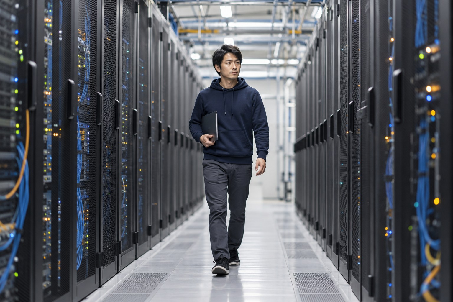 昼のデータセンターの通路を、ノートパソコンを抱えて歩くエンジニアの全身