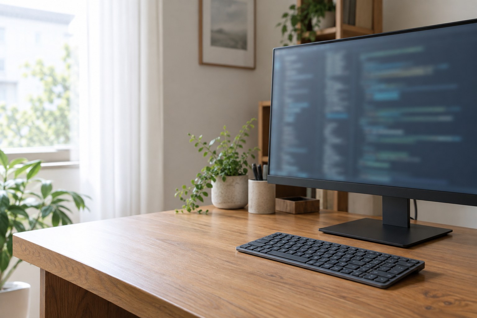 コードを映したモニターとキーボードの机